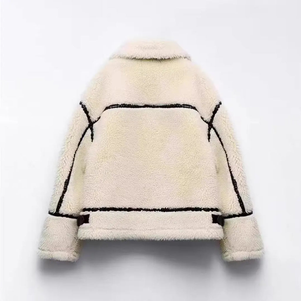 Women's Oversized Teddy Jacket | Plush Texture, High Stand Collar, Contrast Trim 3