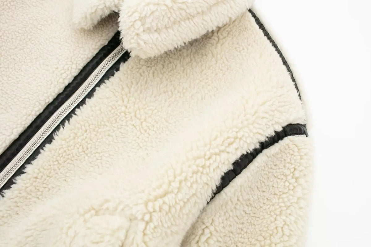 Women's Oversized Teddy Jacket | Plush Texture, High Stand Collar, Contrast Trim 4