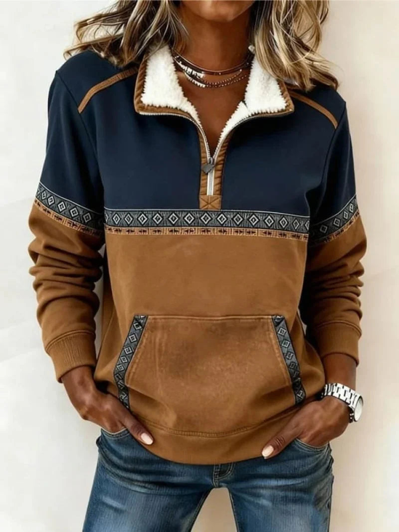 Women's Quarter Zip Sweatshirt | Plush Sherpa Collar, Aztec Trim, Relaxed Fit 0
