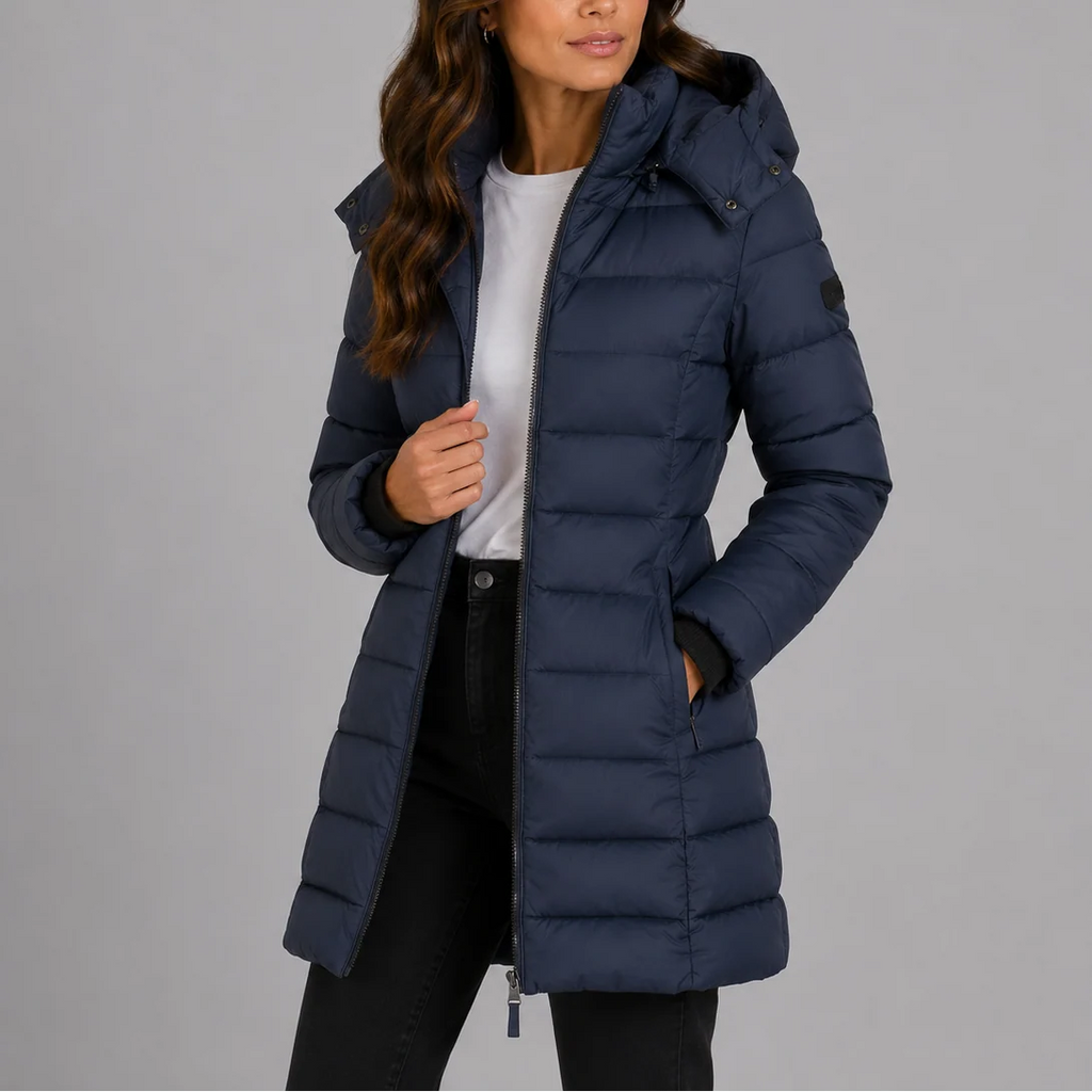 Women's Quilted Puffer Jacket | Cotton-Padded Insulation, Detachable Hood, Fitted Long Silhouette 0
