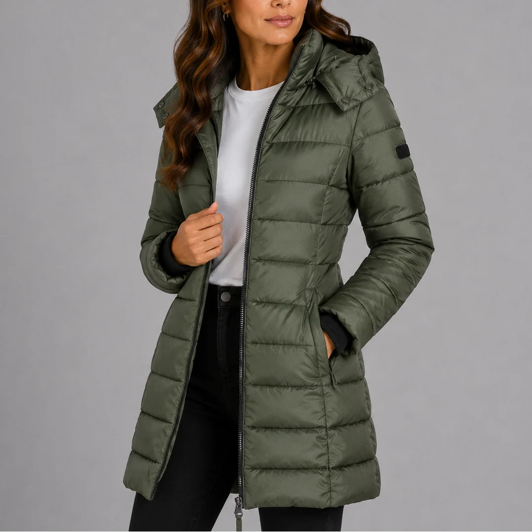 Women's Quilted Puffer Jacket | Cotton-Padded Insulation, Detachable Hood, Fitted Long Silhouette 2