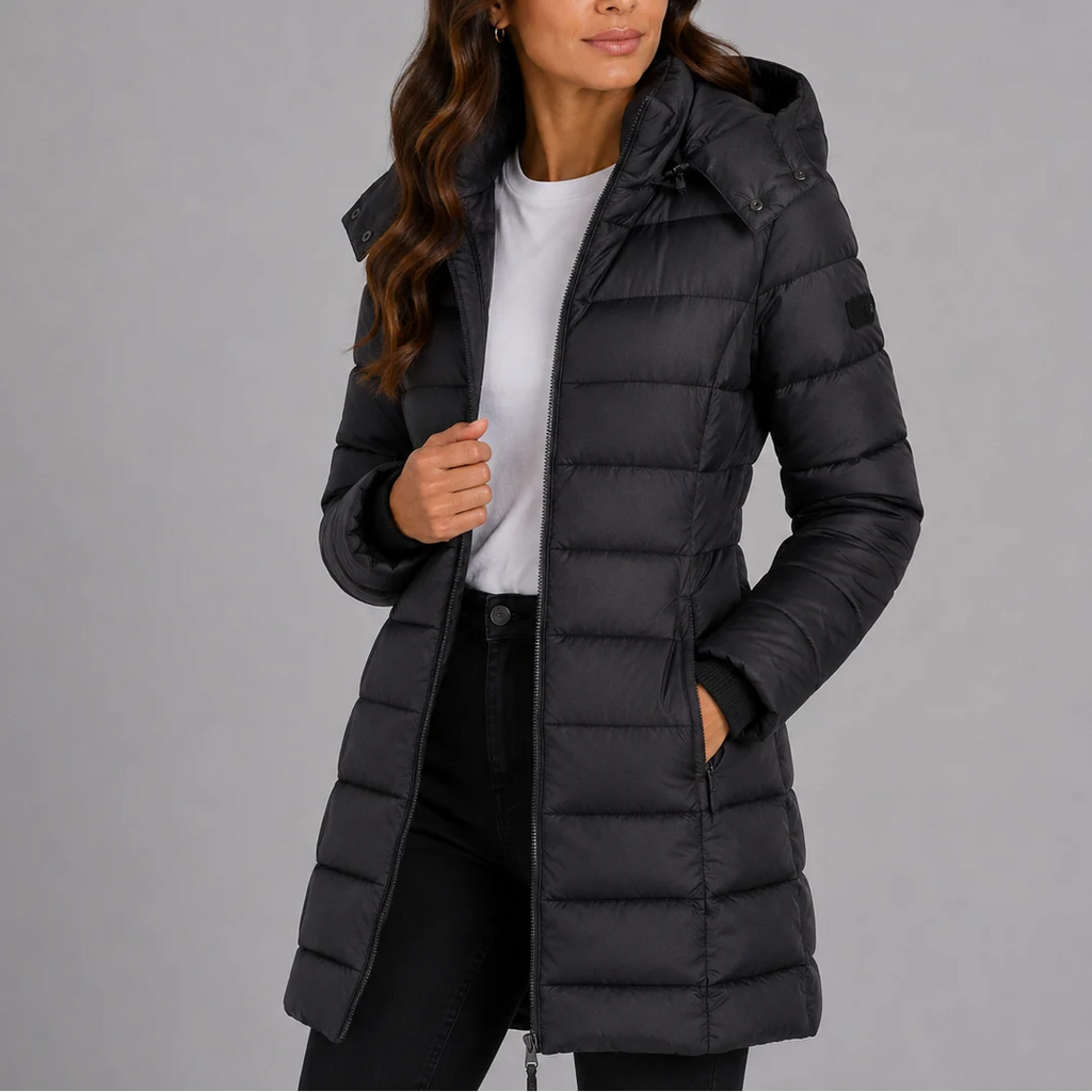 Women's Quilted Puffer Jacket | Cotton-Padded Insulation, Detachable Hood, Fitted Long Silhouette 5