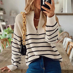Women's Ribbed Jumper | Striped Pattern, Half-Zip Neckline, Relaxed Fit 0
