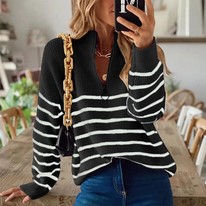 Women's Ribbed Jumper | Striped Pattern, Half-Zip Neckline, Relaxed Fit 2