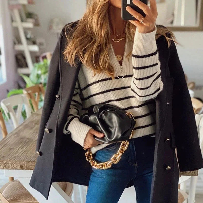 Women's Ribbed Jumper | Striped Pattern, Half-Zip Neckline, Relaxed Fit 4