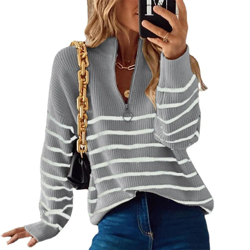 Women's Ribbed Jumper | Striped Pattern, Half-Zip Neckline, Relaxed Fit 5
