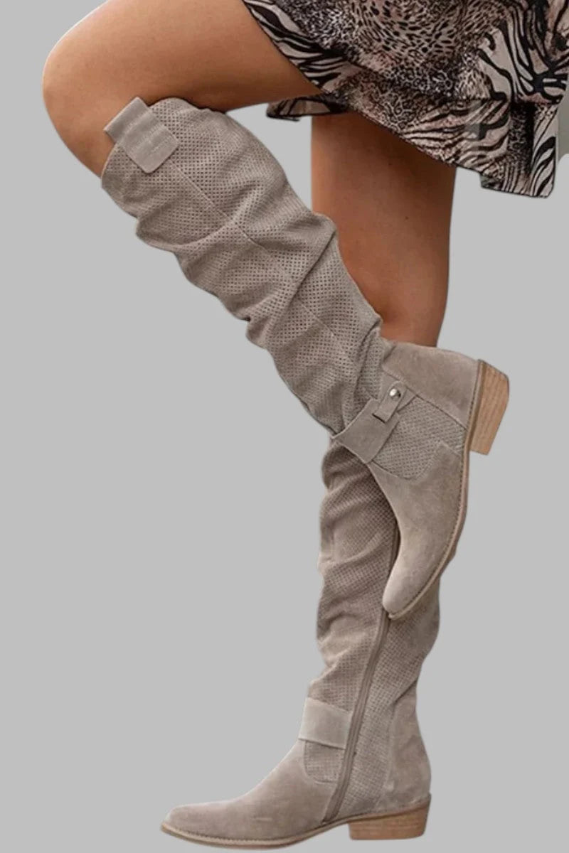 Women's Suede Slouch Boots | Low Heel, Slip-On, Elegant Casual Style 1