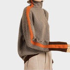 Women's Turtleneck Jumper | Herringbone Chevron Pattern, Stripe Sleeve Panels 2