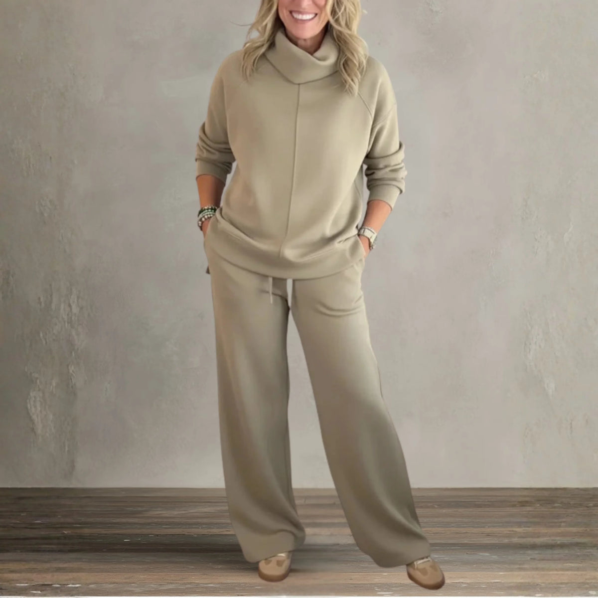 Women's Two Piece Set | High Collar Sweatshirt, Adjustable Wide Leg Pants 2