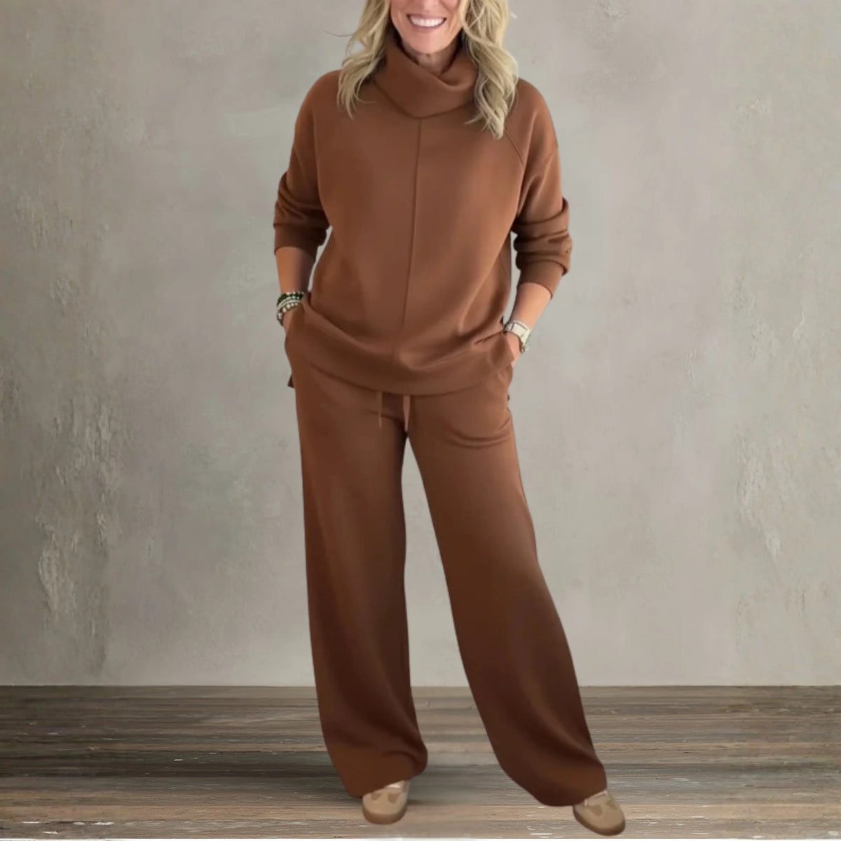 Women's Two Piece Set | High Collar Sweatshirt, Adjustable Wide Leg Pants 3