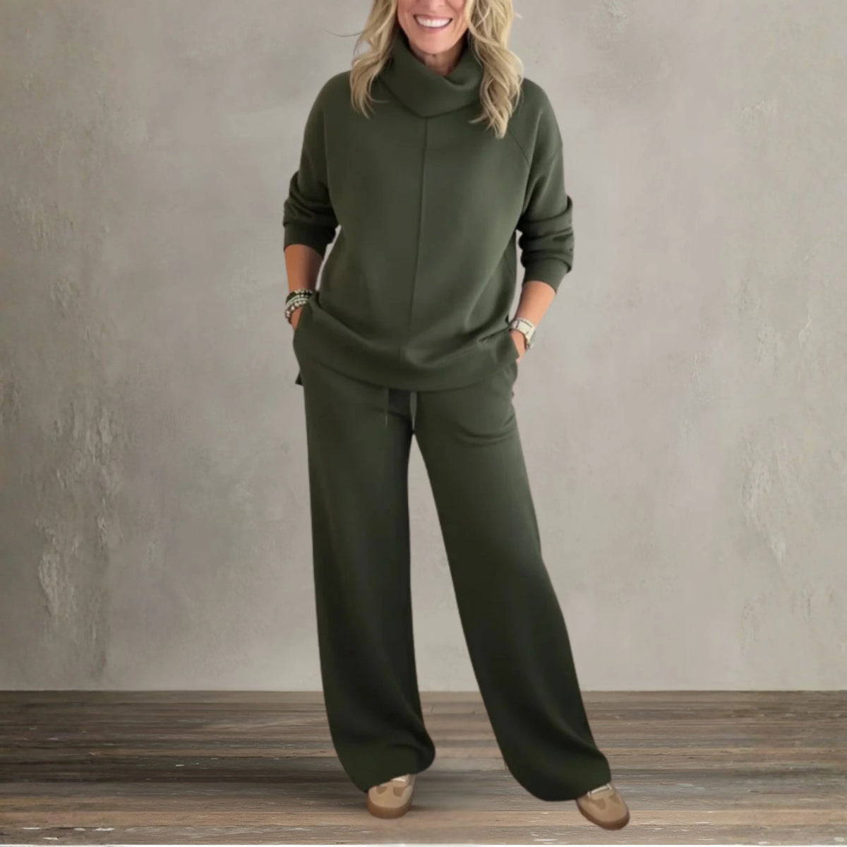 Women's Two Piece Set | High Collar Sweatshirt, Adjustable Wide Leg Pants 4