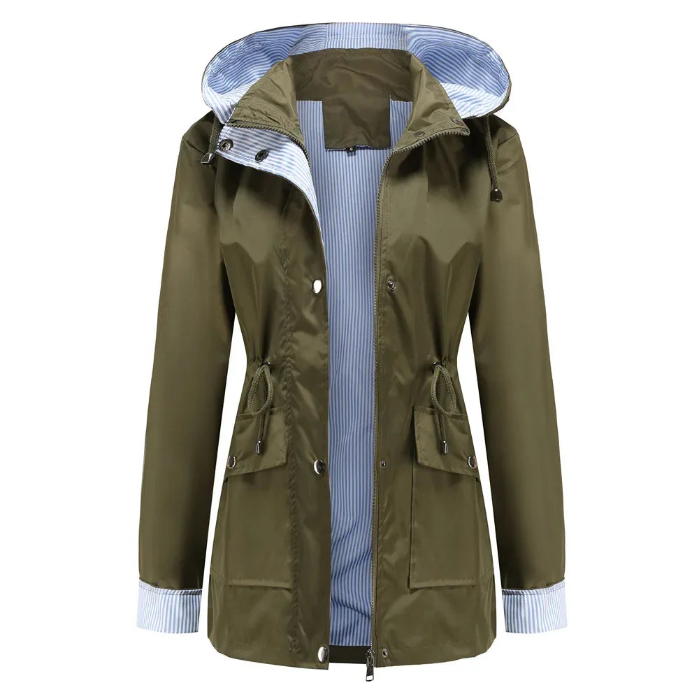Women's Waterproof Hooded Jacket | Adjustable Hood, Zip Closure, Striped Lining 0
