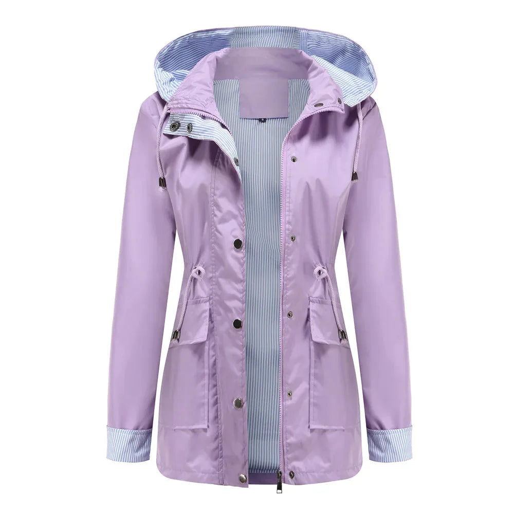 Women's Waterproof Hooded Jacket | Adjustable Hood, Zip Closure, Striped Lining 10