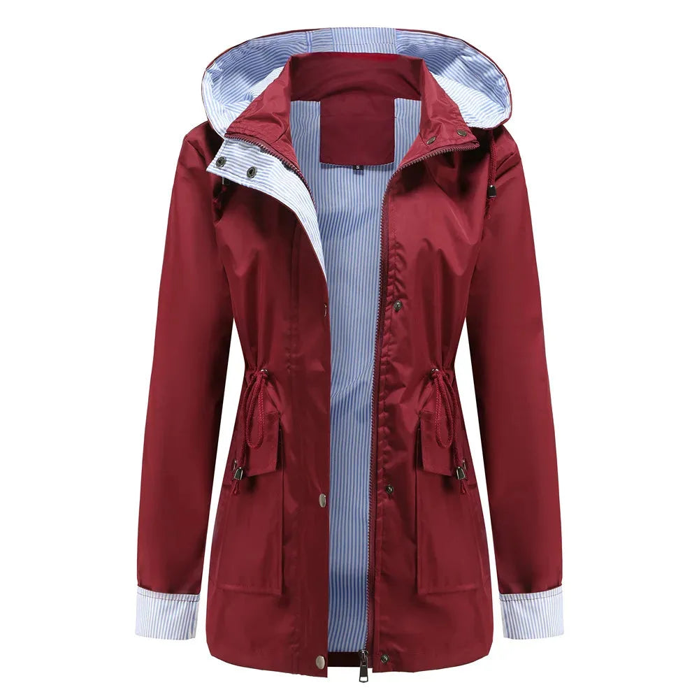 Women's Waterproof Hooded Jacket | Adjustable Hood, Zip Closure, Striped Lining 11