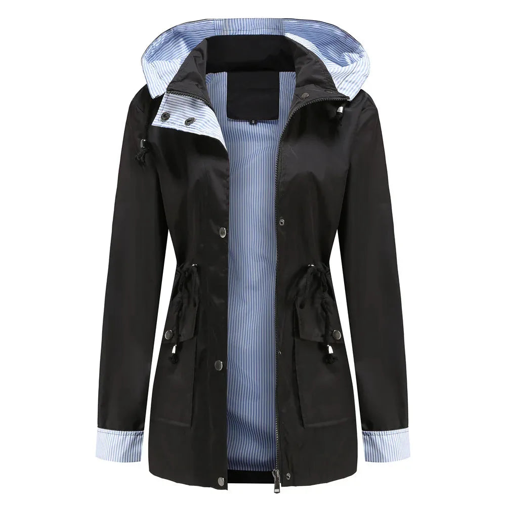 Women's Waterproof Hooded Jacket | Adjustable Hood, Zip Closure, Striped Lining 7