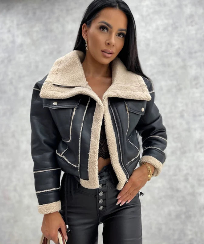 Women's Winter Coat | Leather Look, Warm Wool Patchwork, Zipper Closure, Multiple Pockets 0