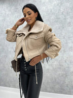 Women's Winter Coat | Leather Look, Warm Wool Patchwork, Zipper Closure, Multiple Pockets 1