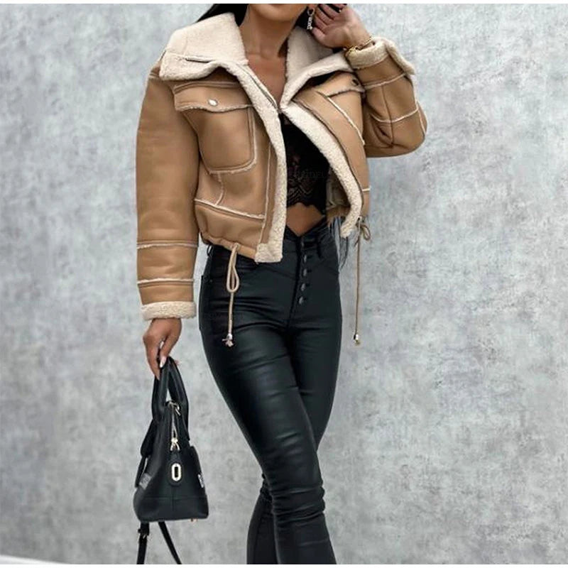 Women's Winter Coat | Leather Look, Warm Wool Patchwork, Zipper Closure, Multiple Pockets 2