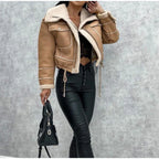 Women's Winter Coat | Leather Look, Warm Wool Patchwork, Zipper Closure, Multiple Pockets 2