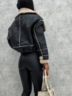 Women's Winter Coat | Leather Look, Warm Wool Patchwork, Zipper Closure, Multiple Pockets 3