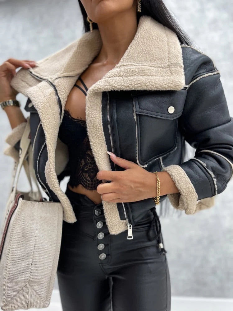 Women's Winter Coat | Leather Look, Warm Wool Patchwork, Zipper Closure, Multiple Pockets 4