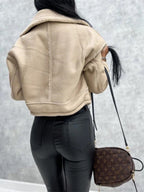 Women's Winter Coat | Leather Look, Warm Wool Patchwork, Zipper Closure, Multiple Pockets 6