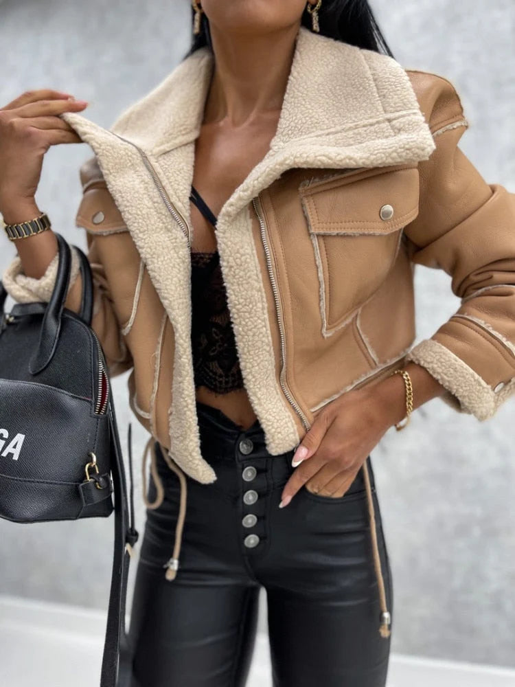Women's Winter Coat | Leather Look, Warm Wool Patchwork, Zipper Closure, Multiple Pockets 7