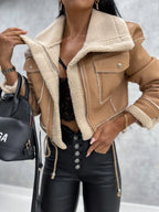 Women's Winter Coat | Leather Look, Warm Wool Patchwork, Zipper Closure, Multiple Pockets 7