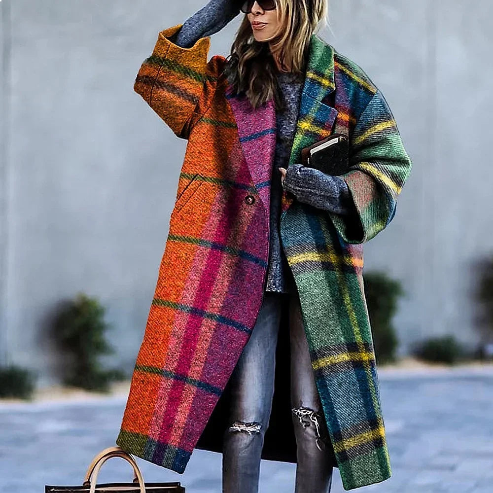 Women's Wool Blend Coat | Full-Length, Lapel Collar, Printed Design 1
