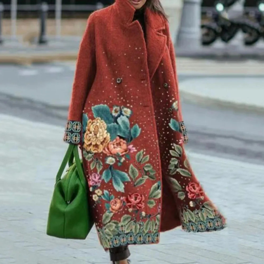 Women's Wool Blend Coat | Full-Length, Lapel Collar, Printed Design 10
