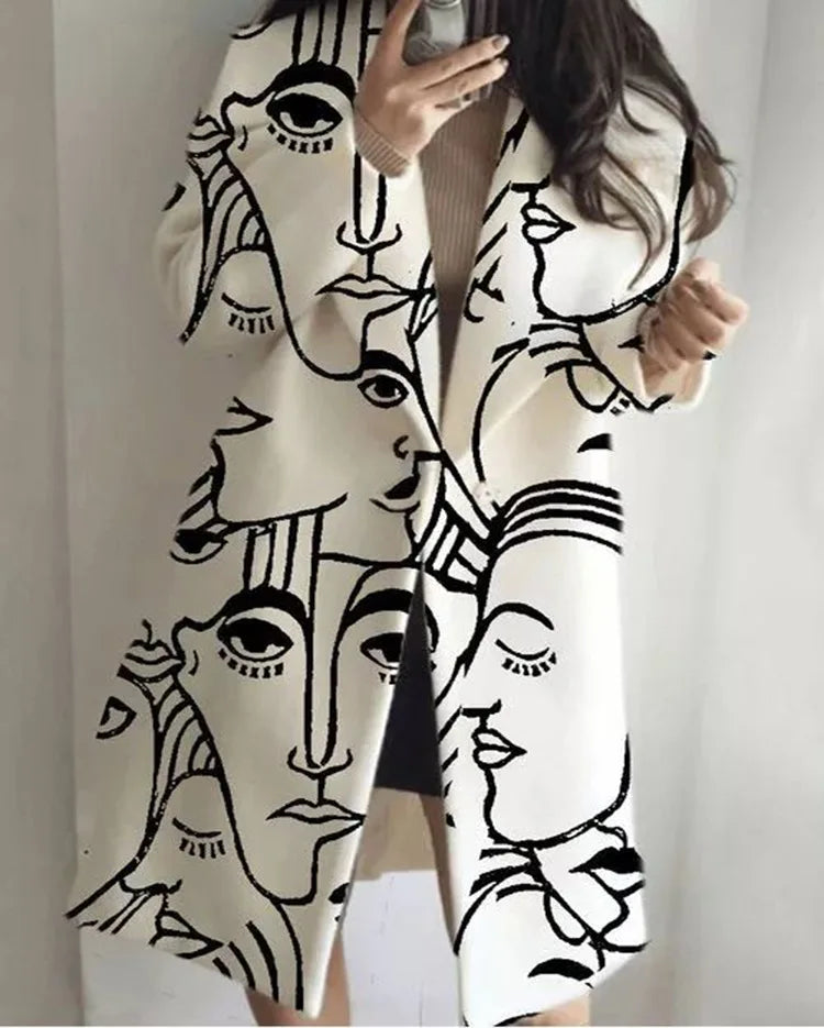 Women's Wool Blend Coat | Full-Length, Lapel Collar, Printed Design 11