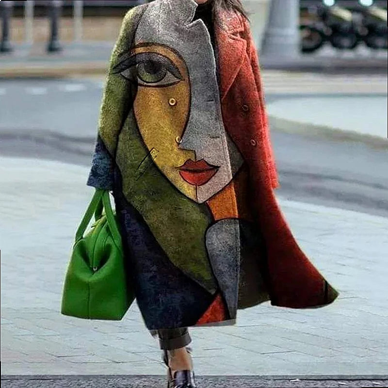 Women's Wool Blend Coat | Full-Length, Lapel Collar, Printed Design 2