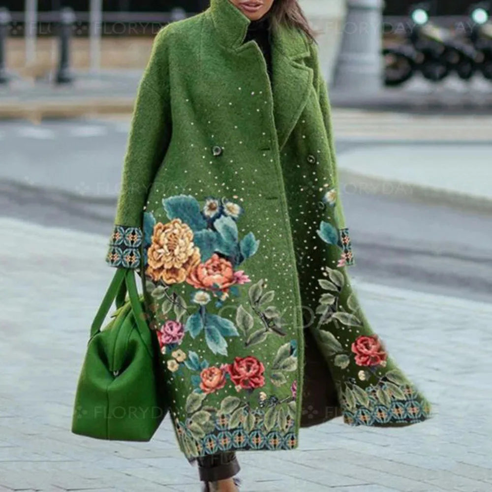 Women's Wool Blend Coat | Full-Length, Lapel Collar, Printed Design 20