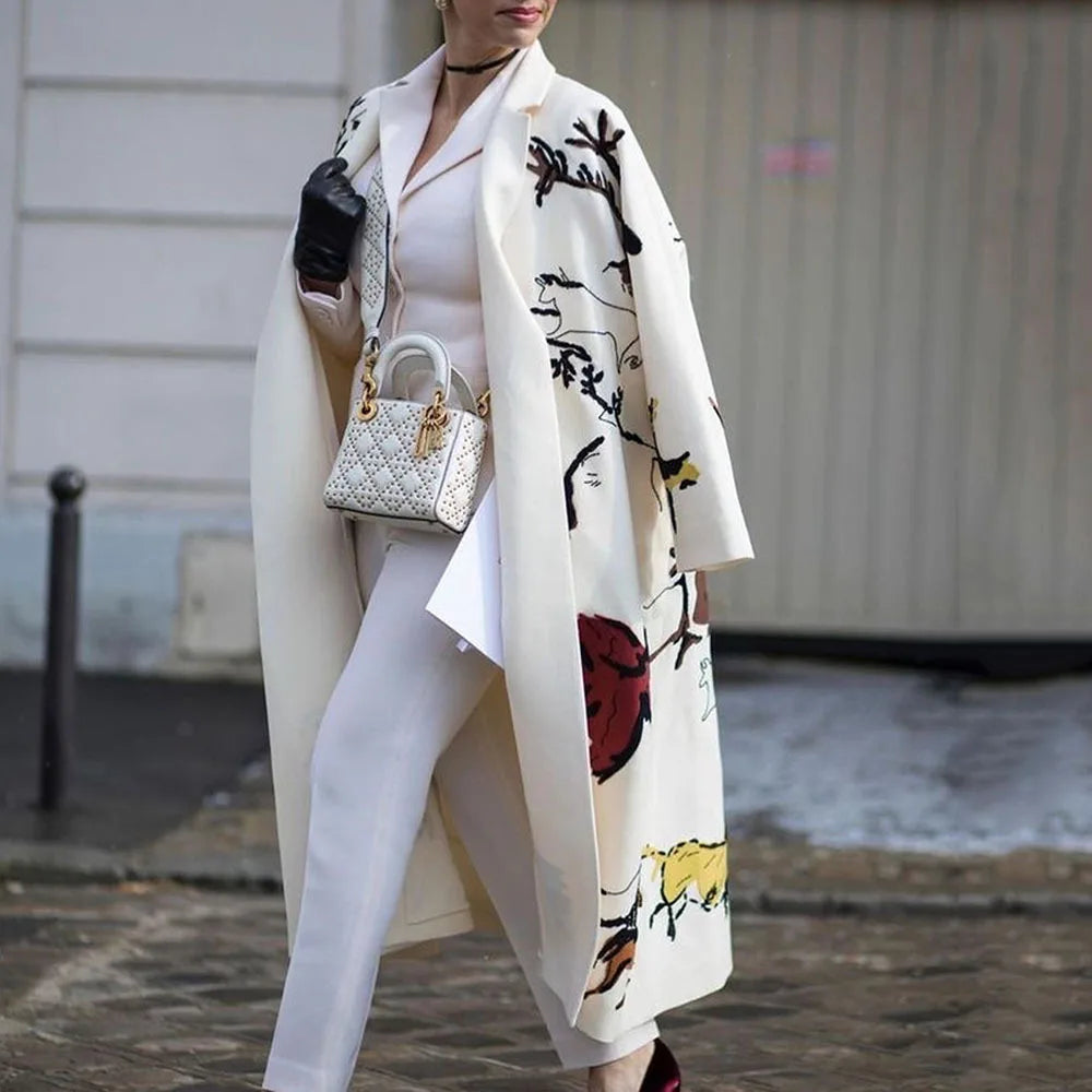 Women's Wool Blend Coat | Full-Length, Lapel Collar, Printed Design 21