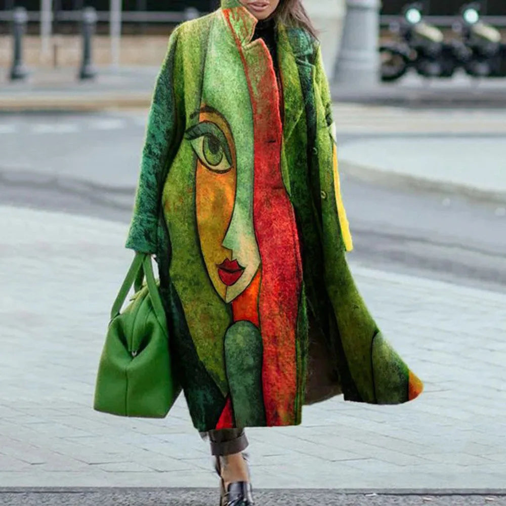 Women's Wool Blend Coat | Full-Length, Lapel Collar, Printed Design 9