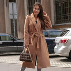 Women's Wool Blend Coat | Lapel Collar, Self-Tie Belt, Long Sleeves 0