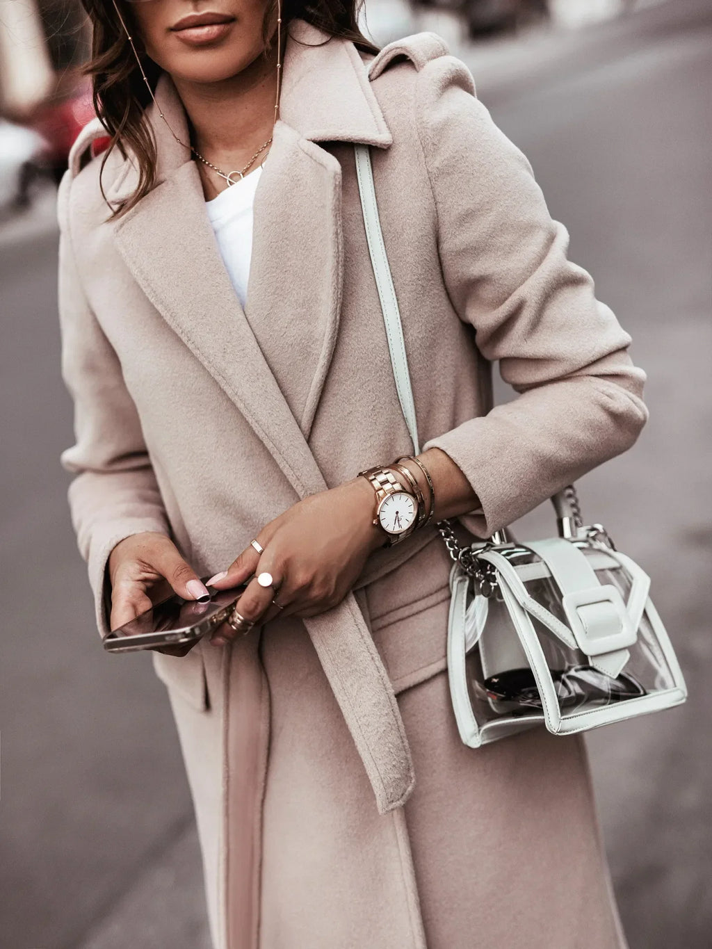 Women's Wool Blend Coat | Lapel Collar, Self-Tie Belt, Long Sleeves 4