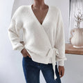 Women's Wrap Knit Jumper | V-Neck, Tie Waist, Ribbed Texture 0