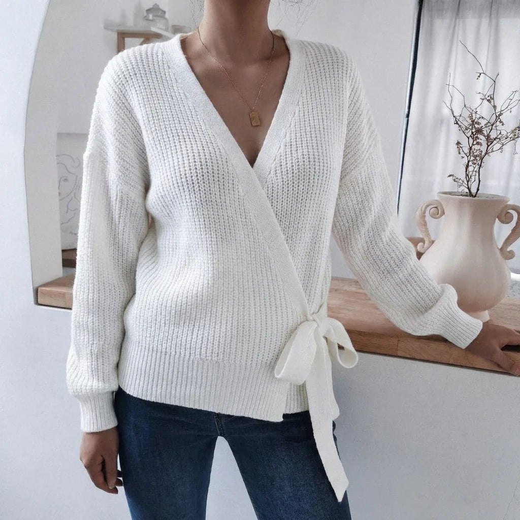 Women's Wrap Knit Jumper | V-Neck, Tie Waist, Ribbed Texture 1
