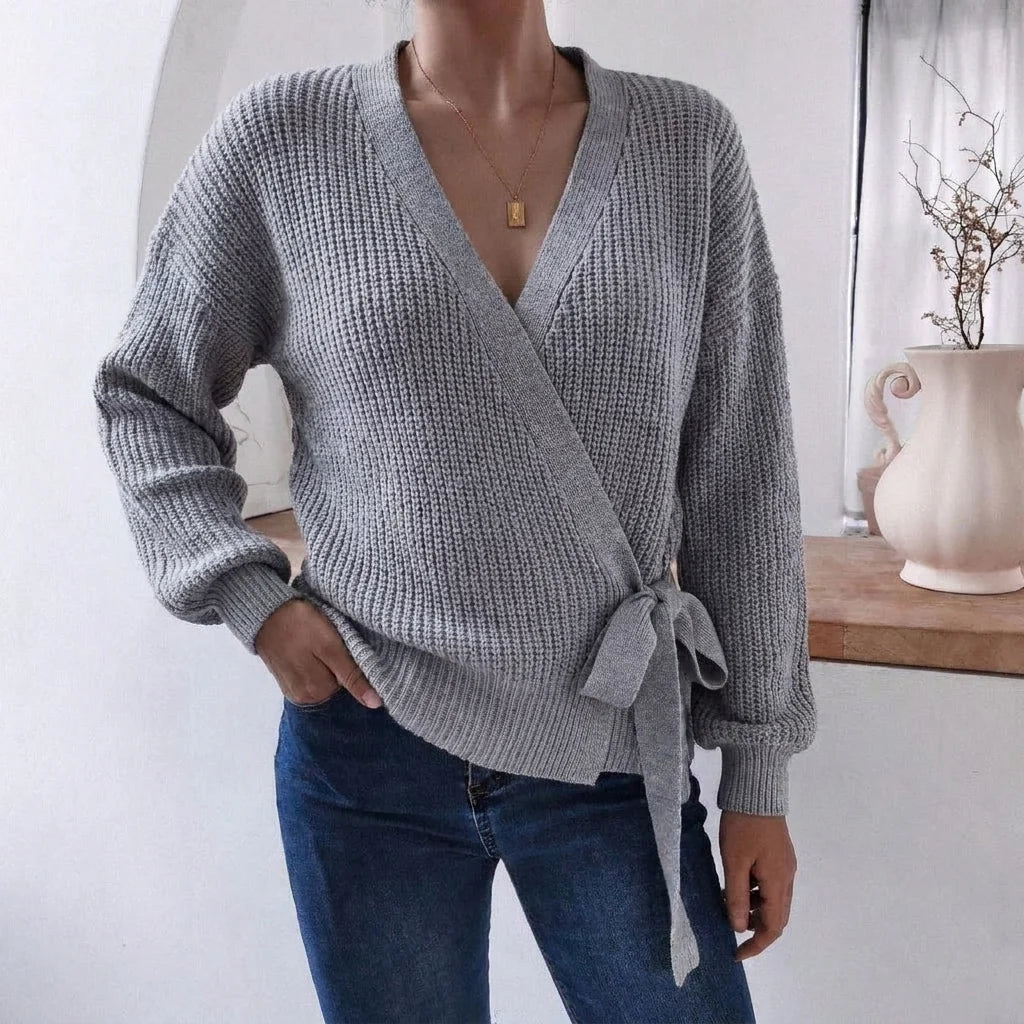 Women's Wrap Knit Jumper | V-Neck, Tie Waist, Ribbed Texture 3