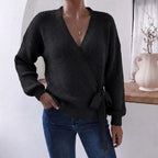 Women's Wrap Knit Jumper | V-Neck, Tie Waist, Ribbed Texture 4