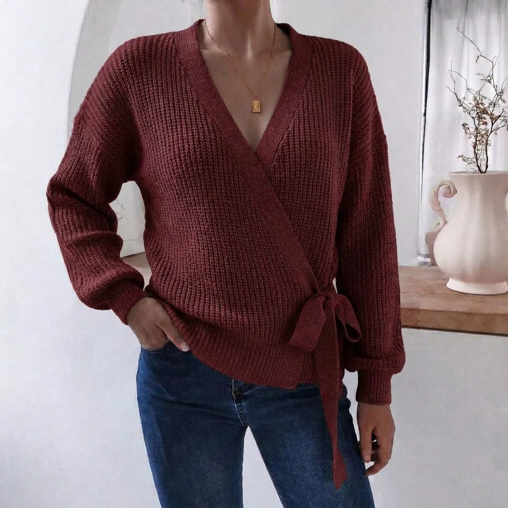 Women's Wrap Knit Jumper | V-Neck, Tie Waist, Ribbed Texture 5