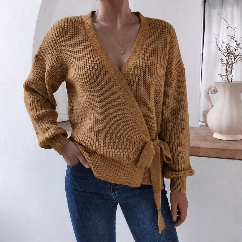 Women's Wrap Knit Jumper | V-Neck, Tie Waist, Ribbed Texture 6